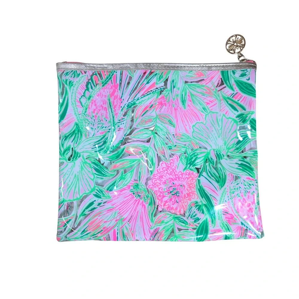 Lilly Pulitzer Pink‎ Green Floral Clear PVC Wristlet Pouch Beach Pool Bag 10x8